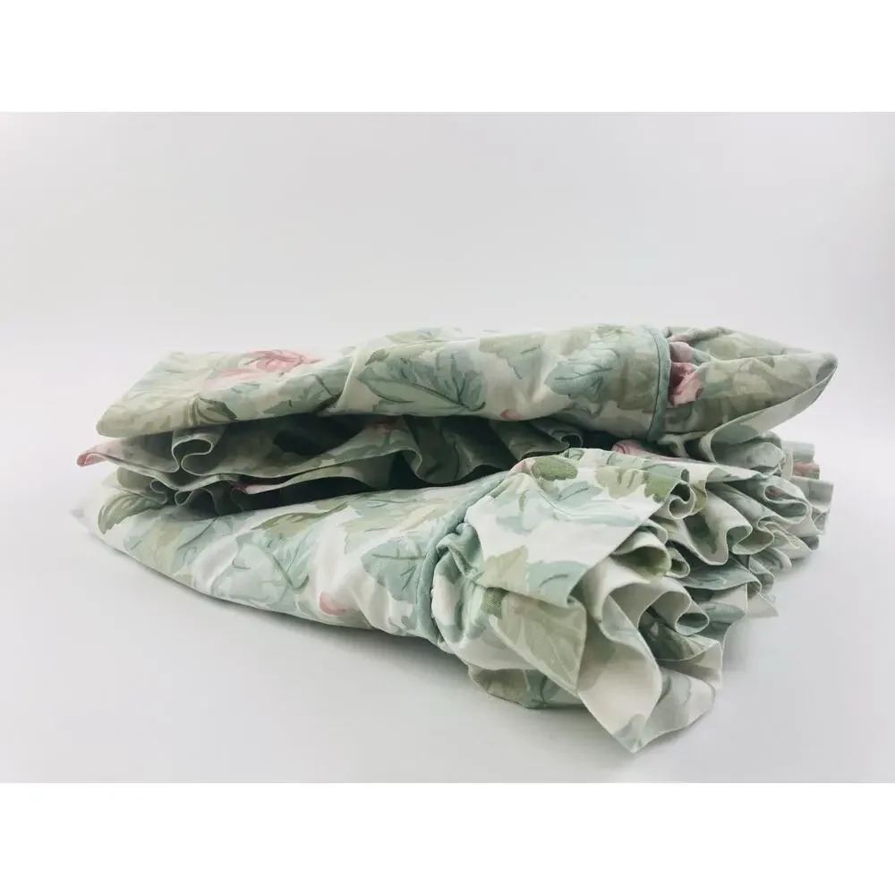 Vntge Laura Ashley KING Cottage Rose Set 2 Ruffled Pillow Shams Green Pink Cases